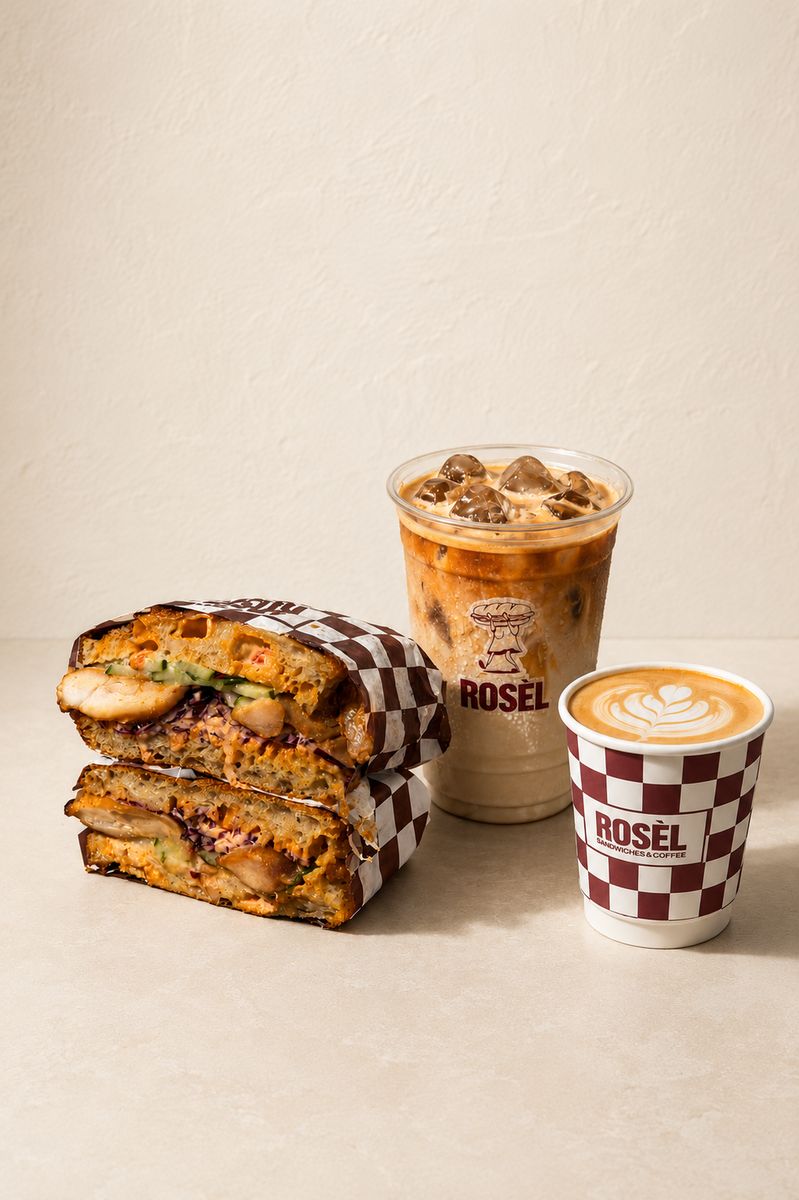 A Rosèl sandwich with an iced coffee and a flat white in checkered Rosèl cups